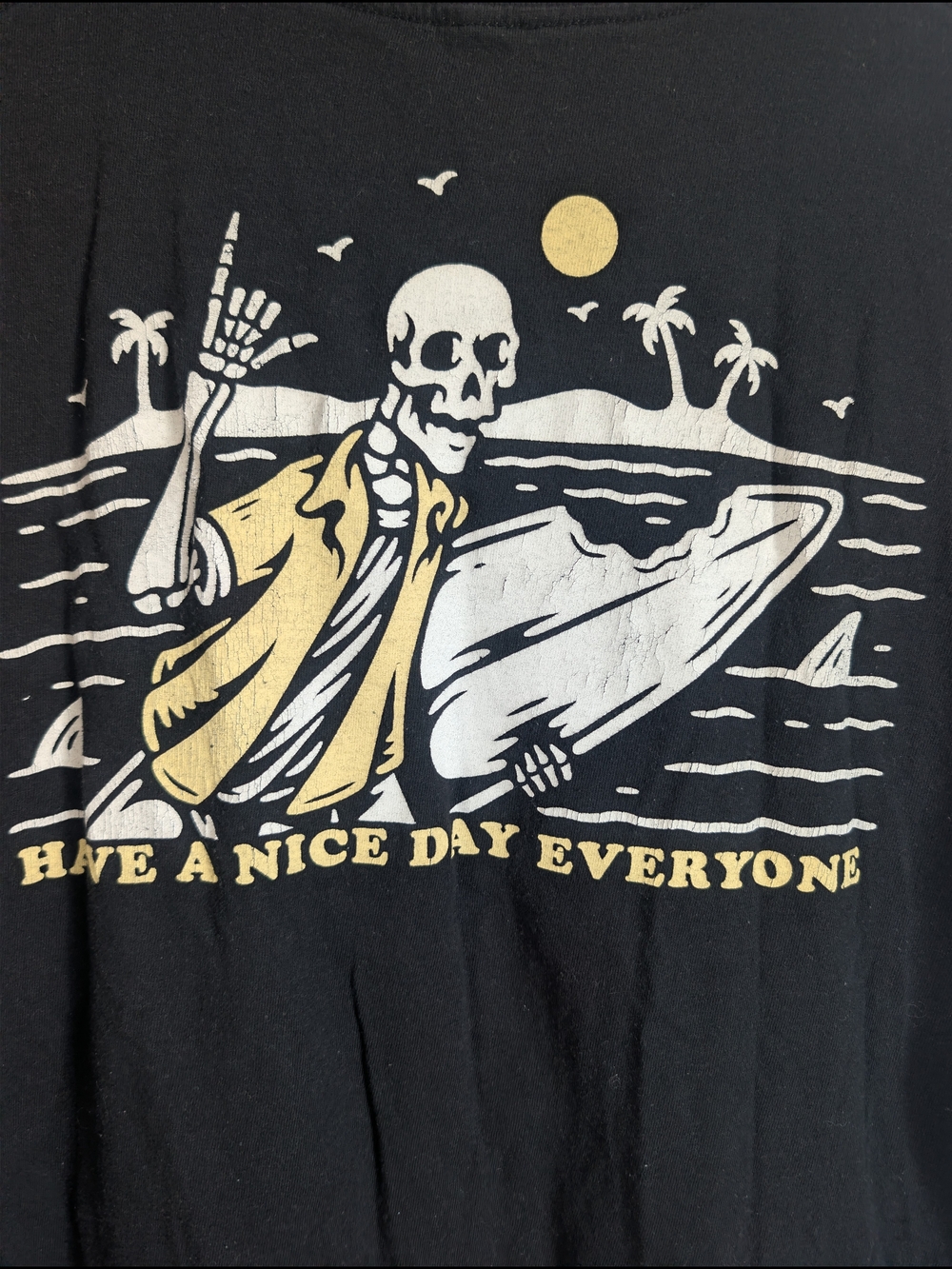 Black Graphic Skeleton Surf T‑Shirt - Have A Nice Day Print